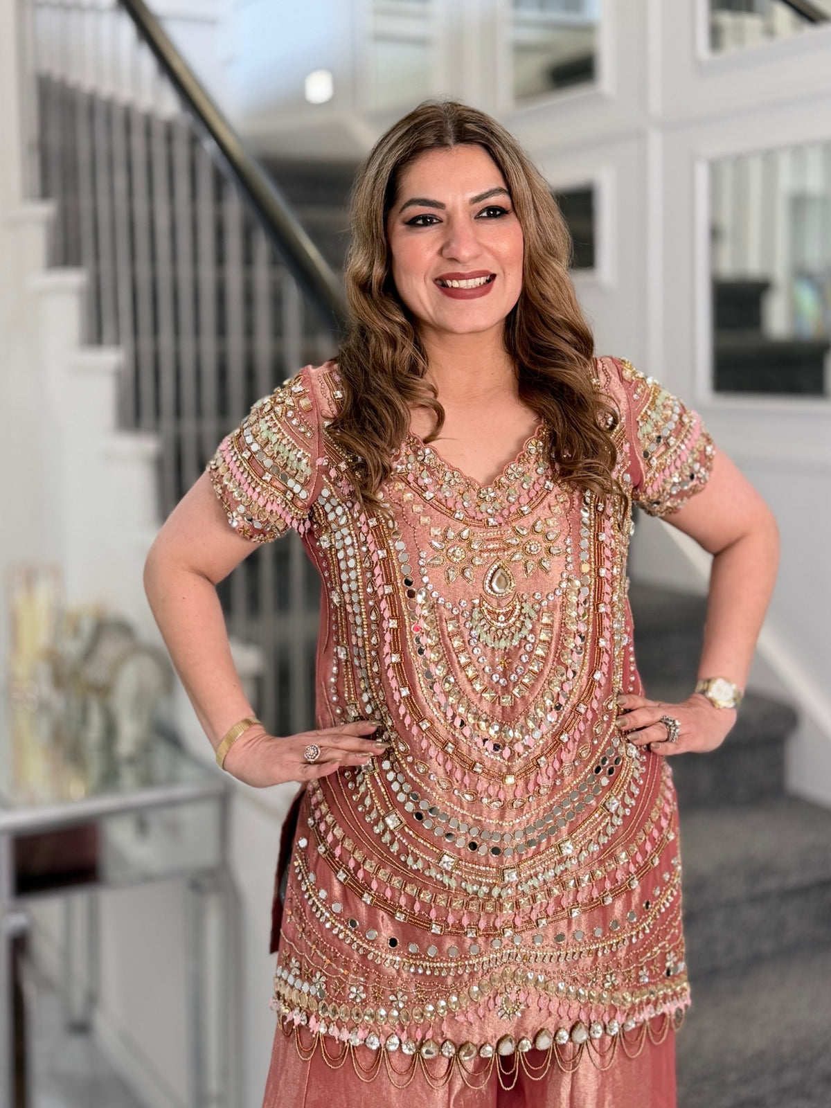 Salwar Kameez - Rose Gold Mirror Work Embellished Kurta Sharara Set with Dupatta by Panache by Divya - product image 4