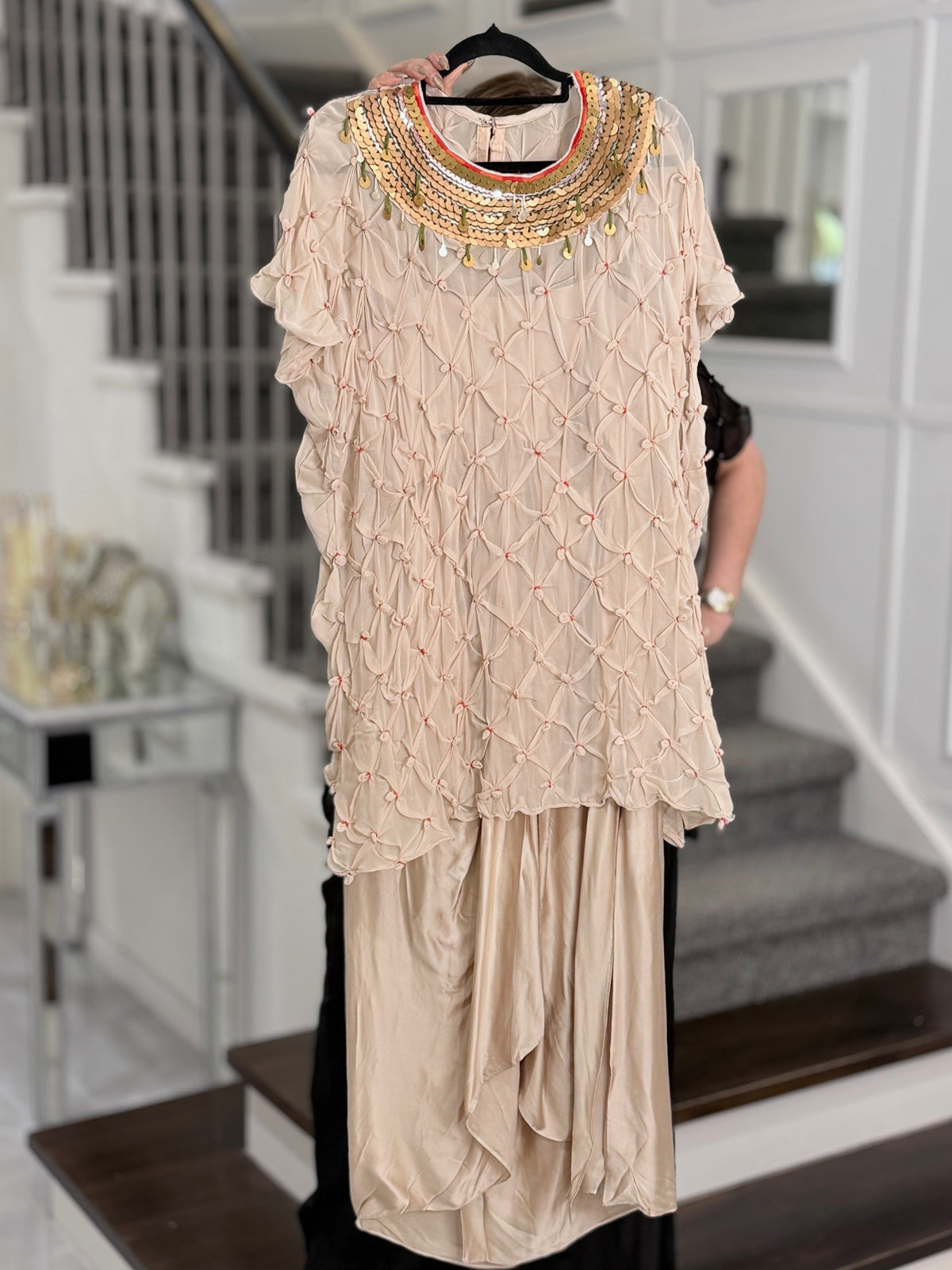 Indo-Western Wear - Beige Smocked Sheer Top with Gold Sequin Collar and Draped Dhoti… by Panache by Divya - product image 4