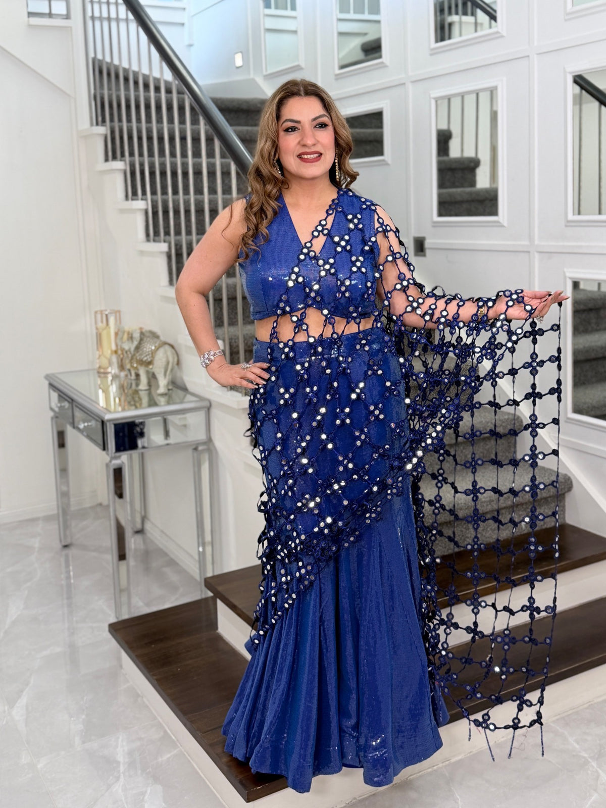 Indo-Western Wear - Royal Blue Sequin Fishtail Skirt Set with Mirror Work Mesh Dupatta by Panache by Divya - product image 1