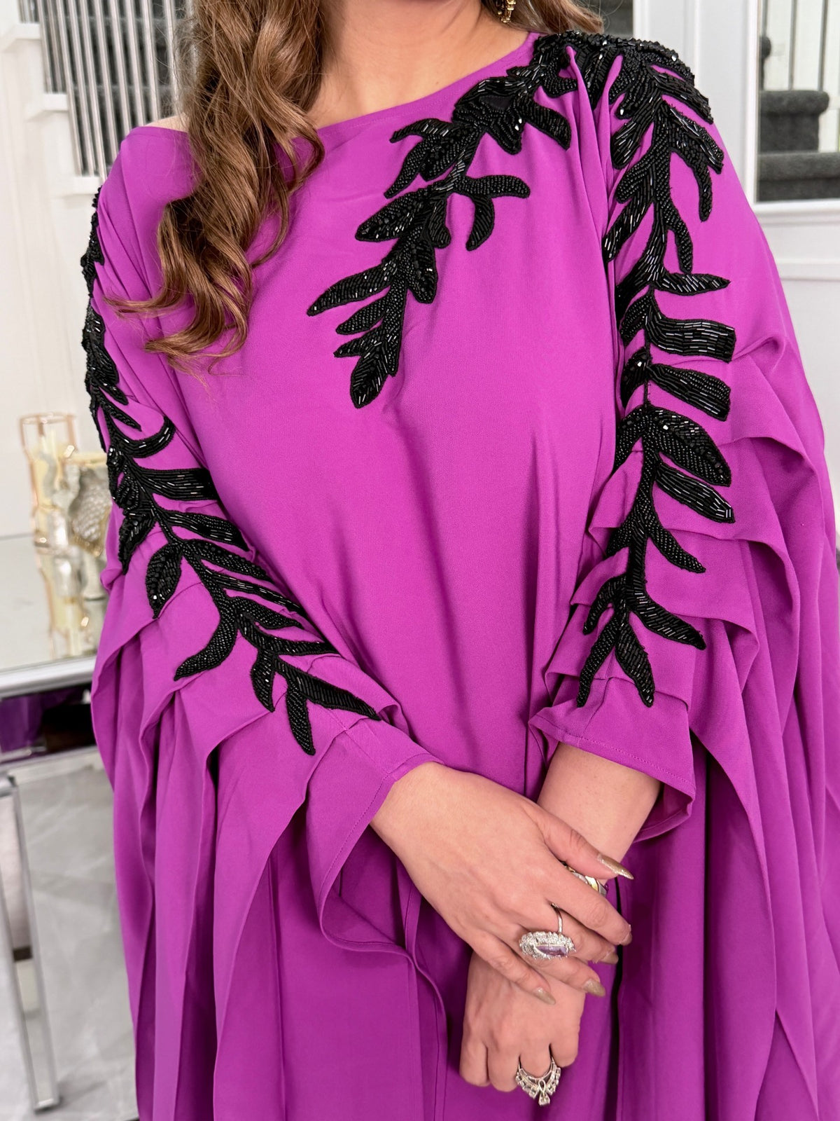 Indo-Western Wear - Magenta Black Beaded Leaf Embroidered Kaftan by Panache by Divya - product image 2