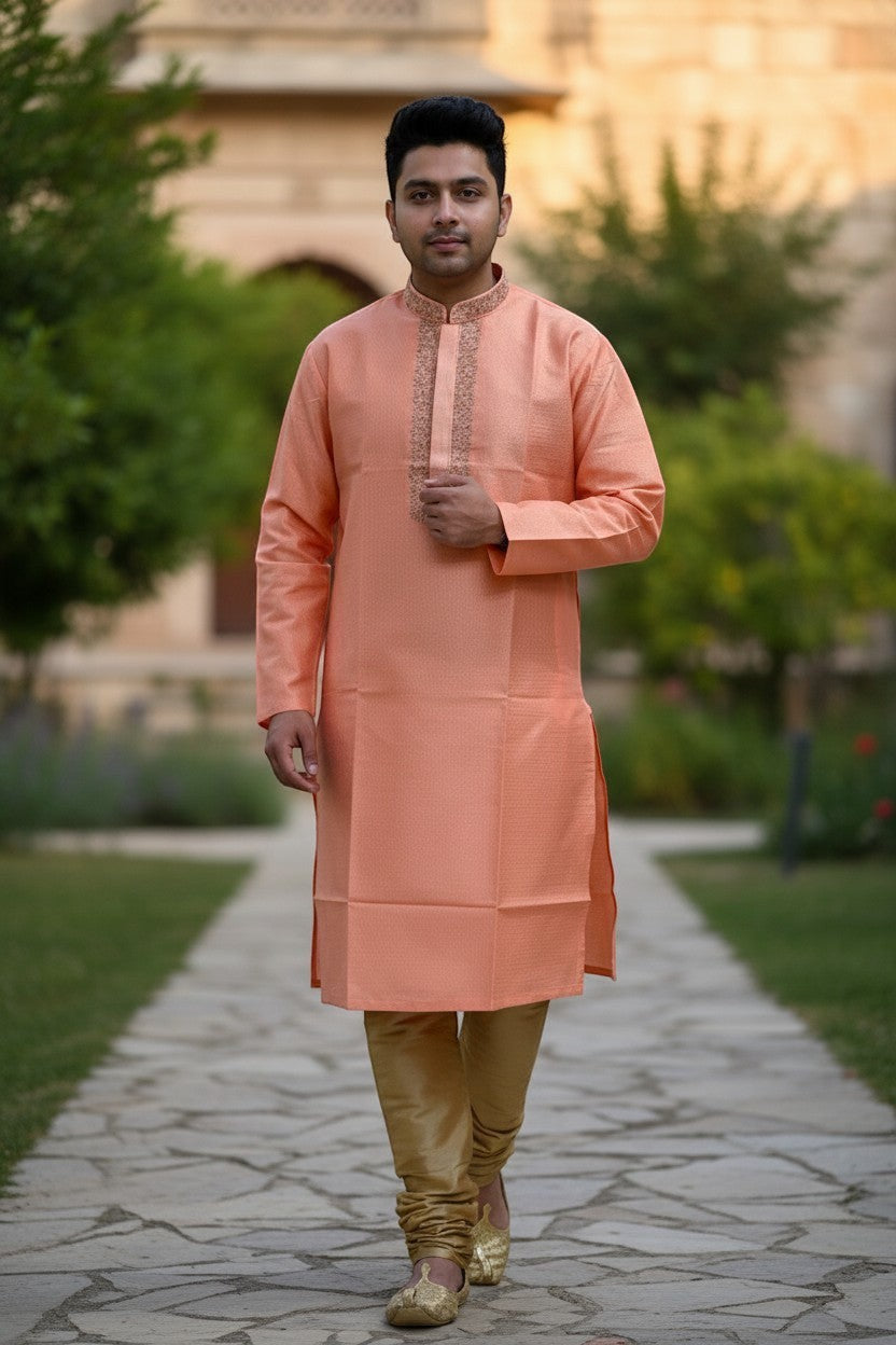 Panache peach silk blend kurta pajama set with embroidered neckline and subtle diamond pattern. Traditional Indian menswear.