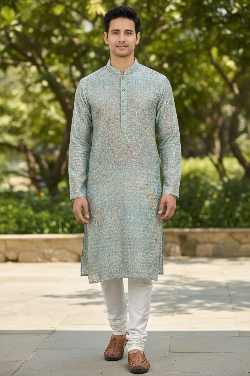 PanacheByDivya light blue and gold embroidered kurta pajama set with jacket. Features intricate patterns and subtle sequins.