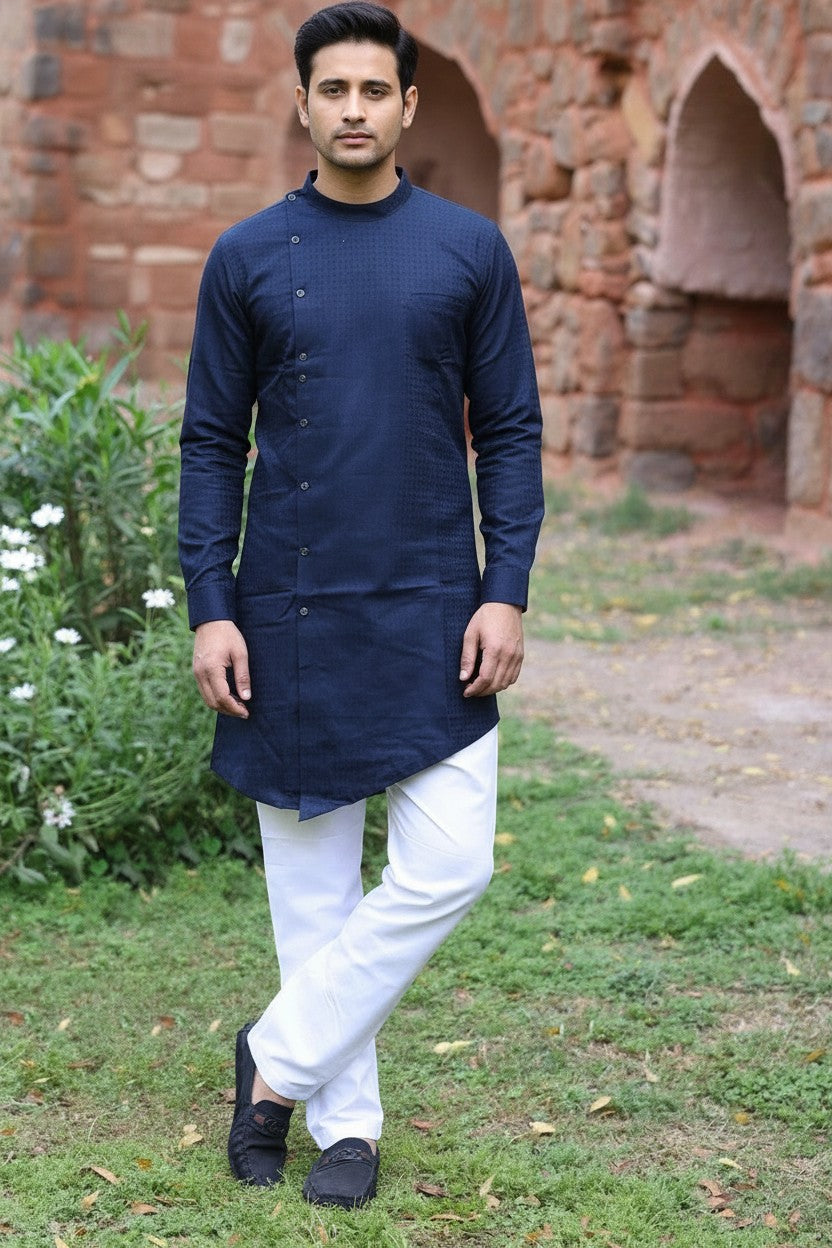 PanacheByDivya navy blue textured kurta with white pajama pants, ideal for parties and festivals.