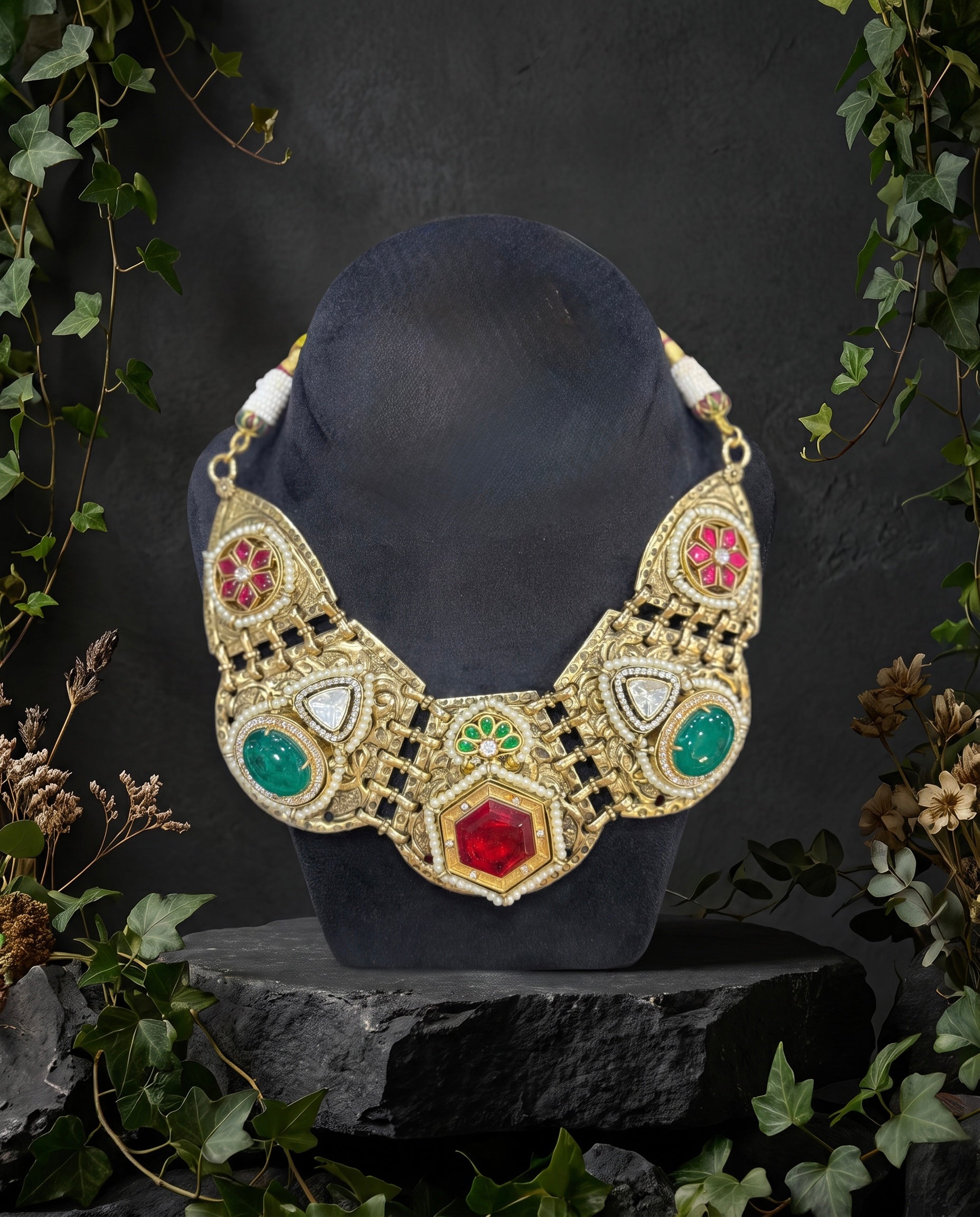 Gold Intricate Gemstone Necklace Set