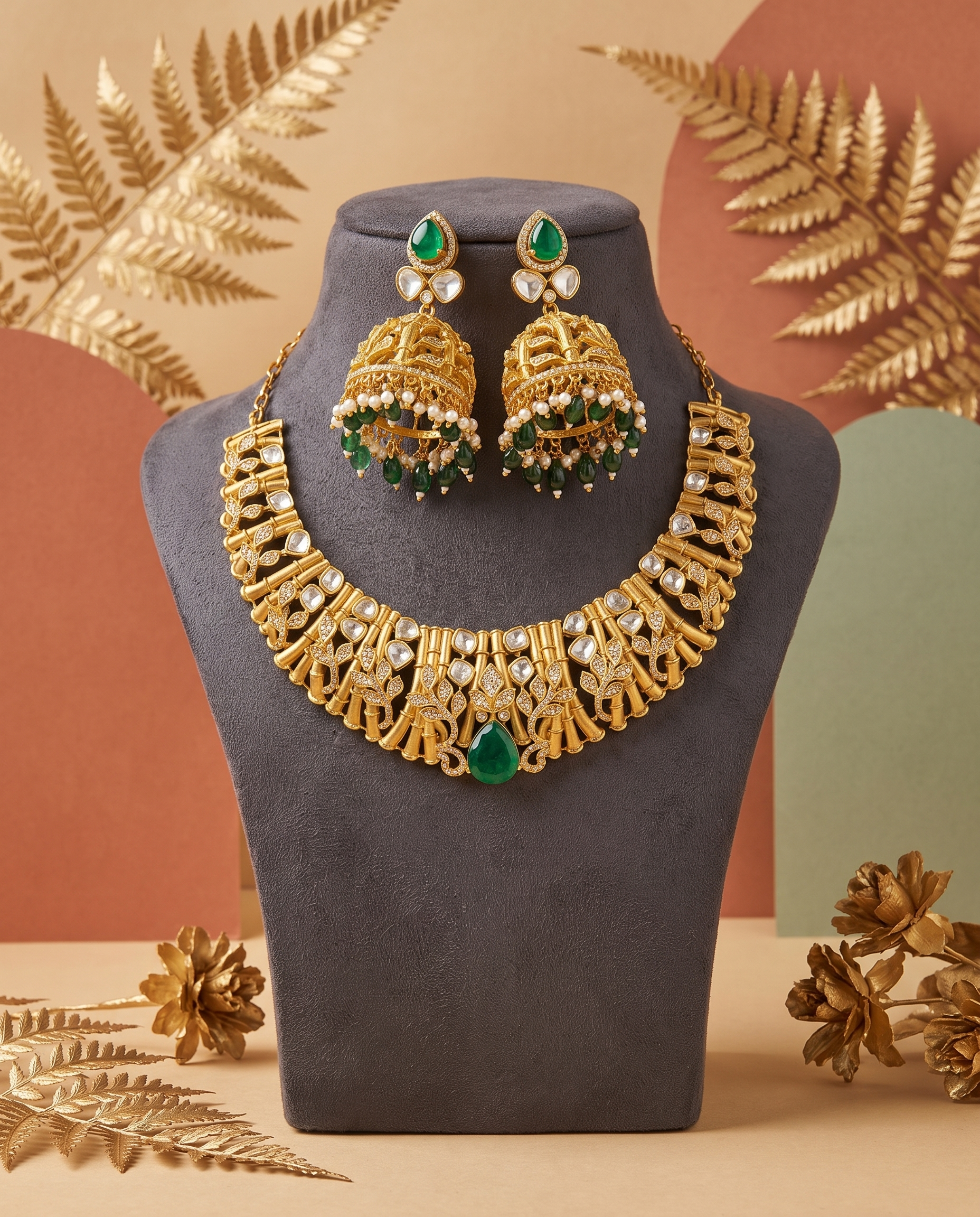 Elegant Gold and Green Jhumka Earrings
