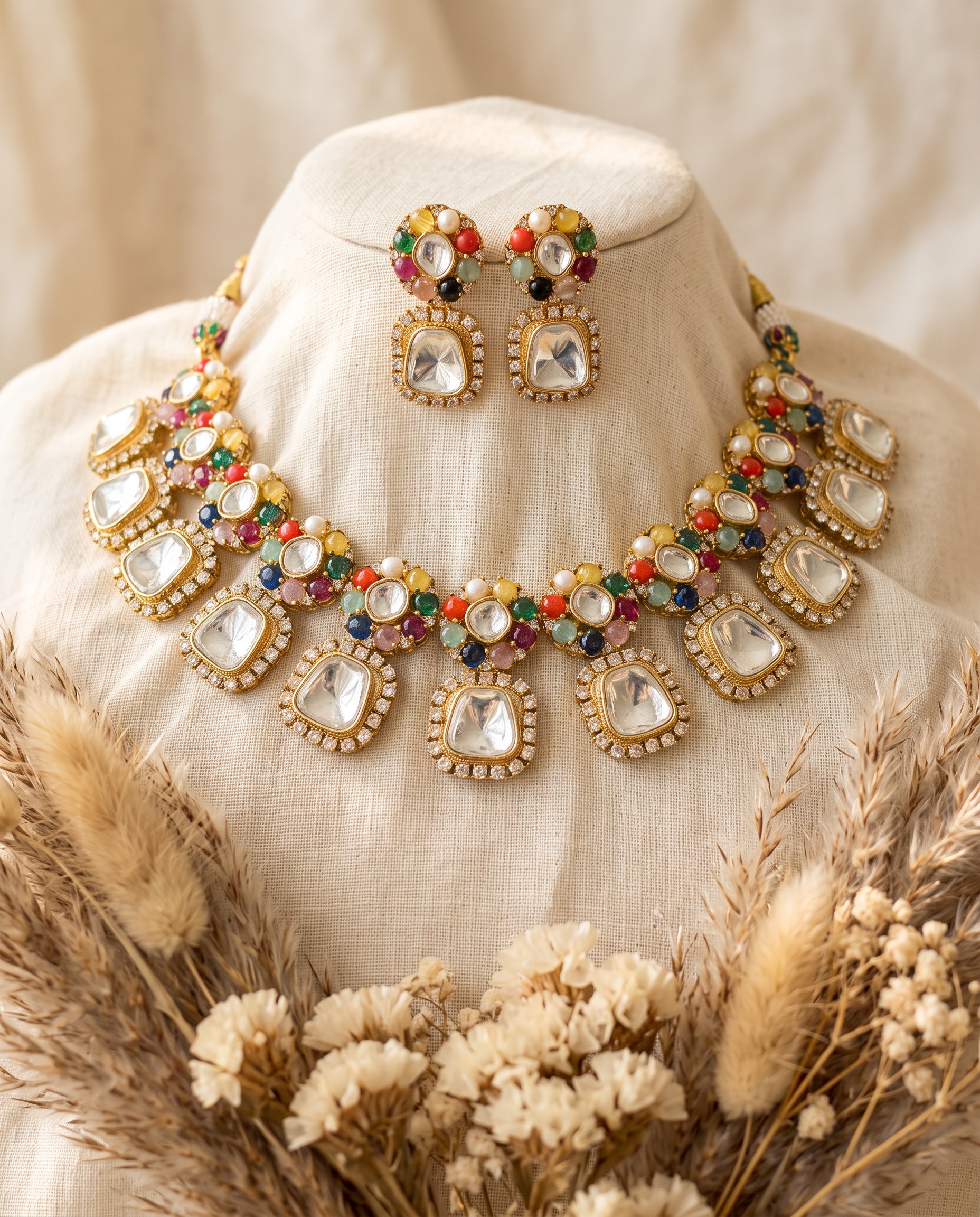 Elegant Multicolor Kundan Necklace & Earrings Set