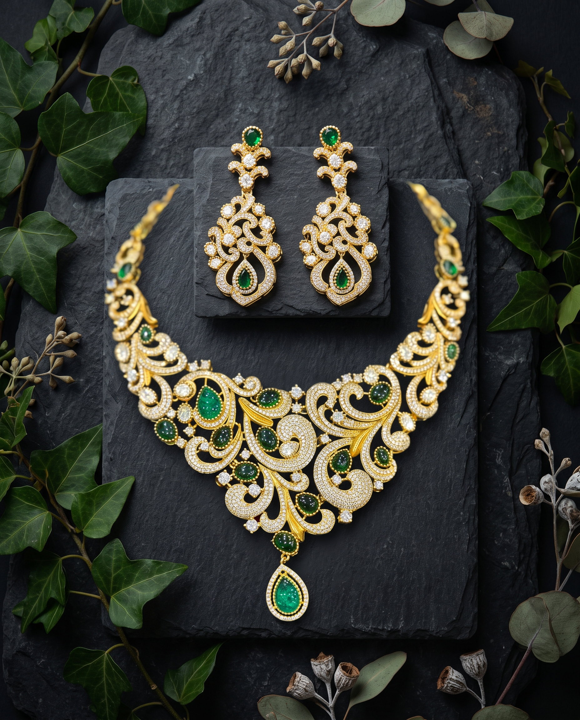 Elegant Emerald Gold Necklace and Earrings