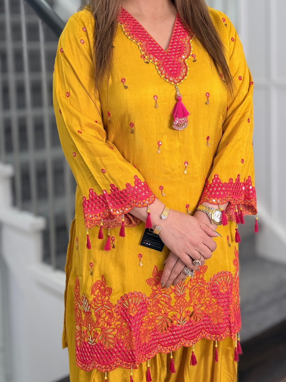 Salwar Kameez - Mustard Pink Cutwork Embroidered Tassel Salwar Suit by Panache by Divya - product image 3
