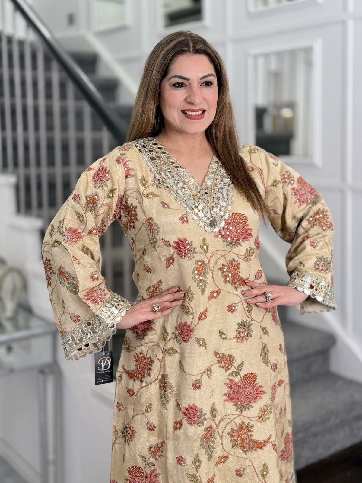 Beige Floral Embroidered Mirror Work Kurta Co-ord Set with Potli by Panache by Divya - product image 3