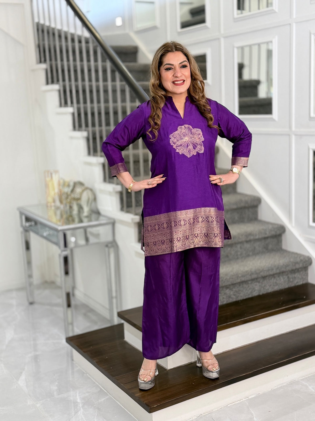 Purple Floral Embroidered Banarasi Border Kurta Co-ord Set by Panache by Divya - product image 2