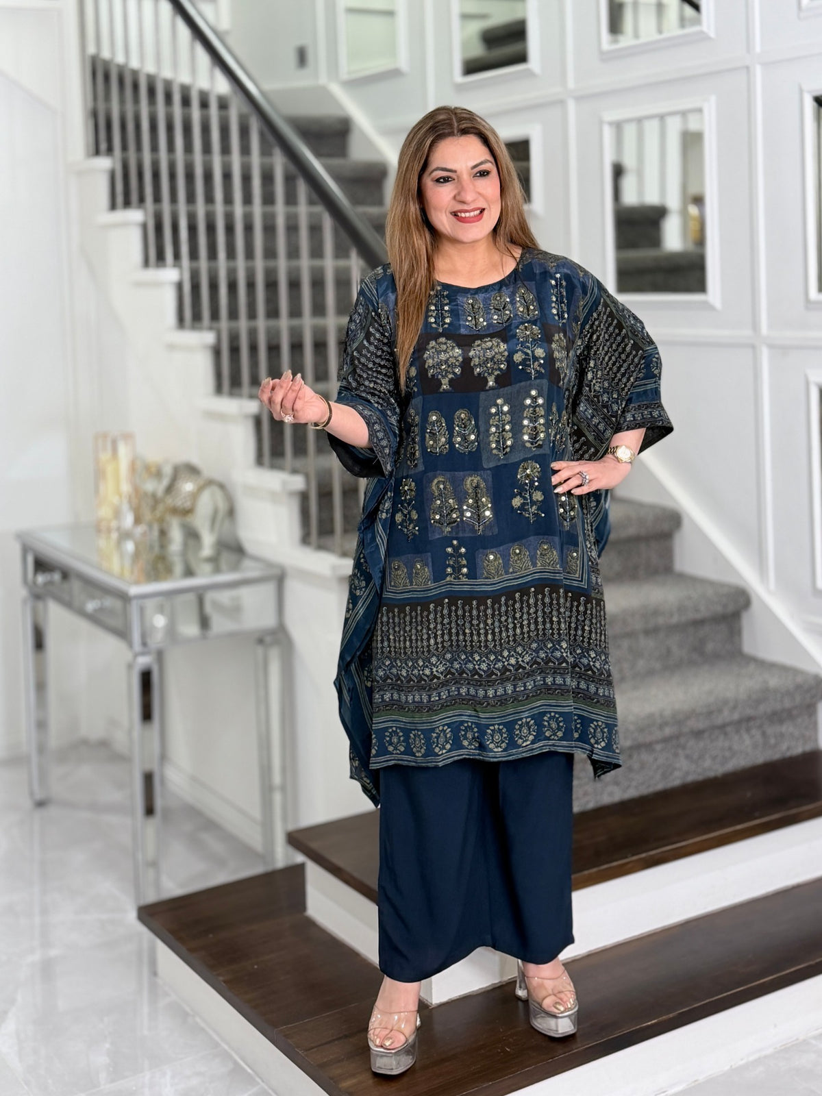 Indigo Block Print Sequin Embellished Kaftan Co-ord Set by Panache by Divya - product image 1