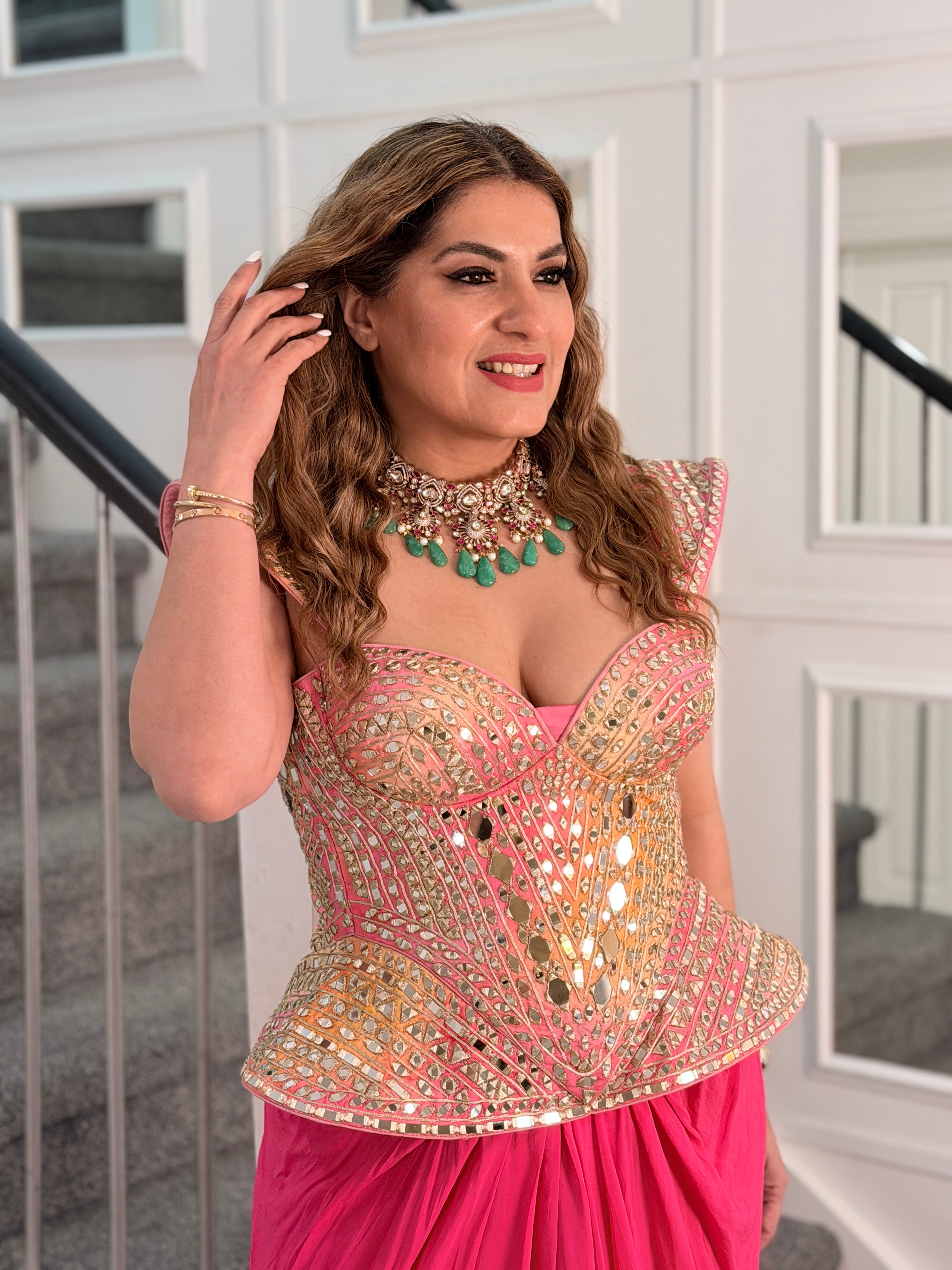 Vibrant Pink and Gold mirror work corset and skirt - Indo-western Wear (5)