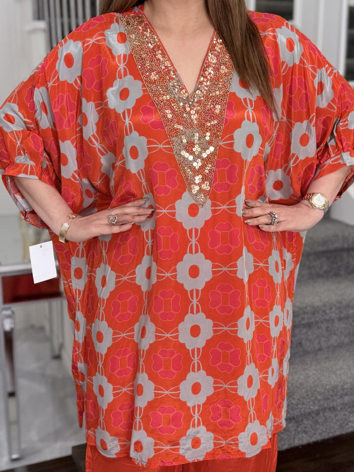 Orange Retro Floral Print Sequin V-Neck Kaftan Co-ord Set by Panache by Divya - product image 3