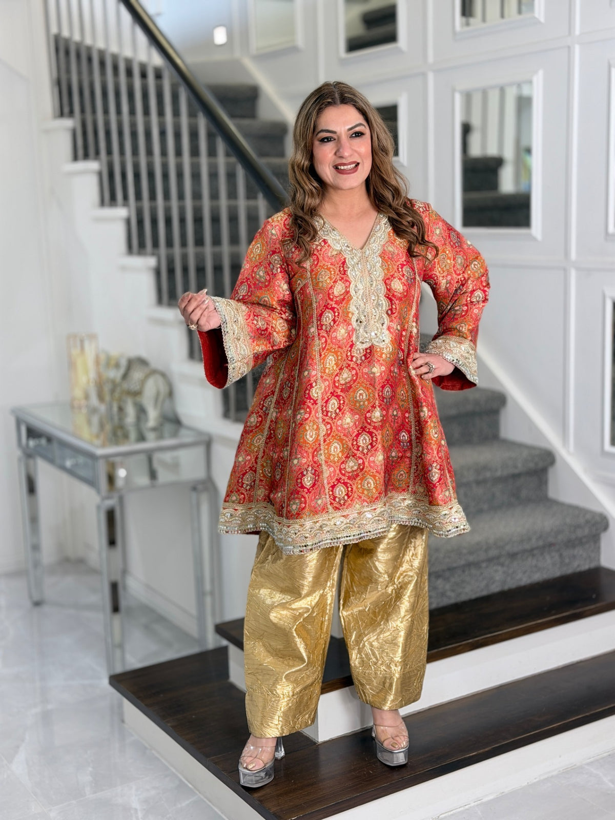 Salwar Kameez - Red Orange Paisley Print Oversized Kurta with Gold Crushed Salwar by Panache by Divya - product image 1