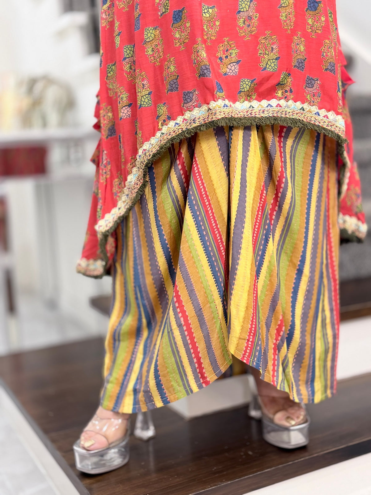 Coral Block Print Tassel Kurta with Striped Dhoti Co-ord Set by Panache by Divya - product image 6
