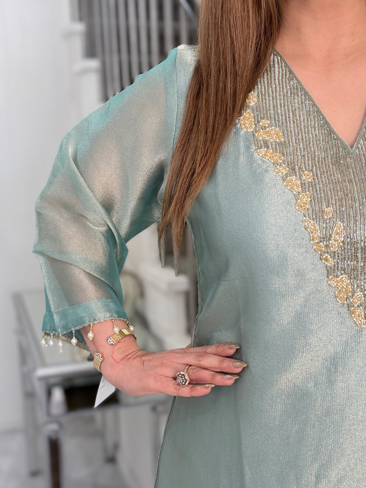 Sage Tissue Beaded V-Neck Kurta Co-ord Set with Potli by Panache by Divya - product image 4