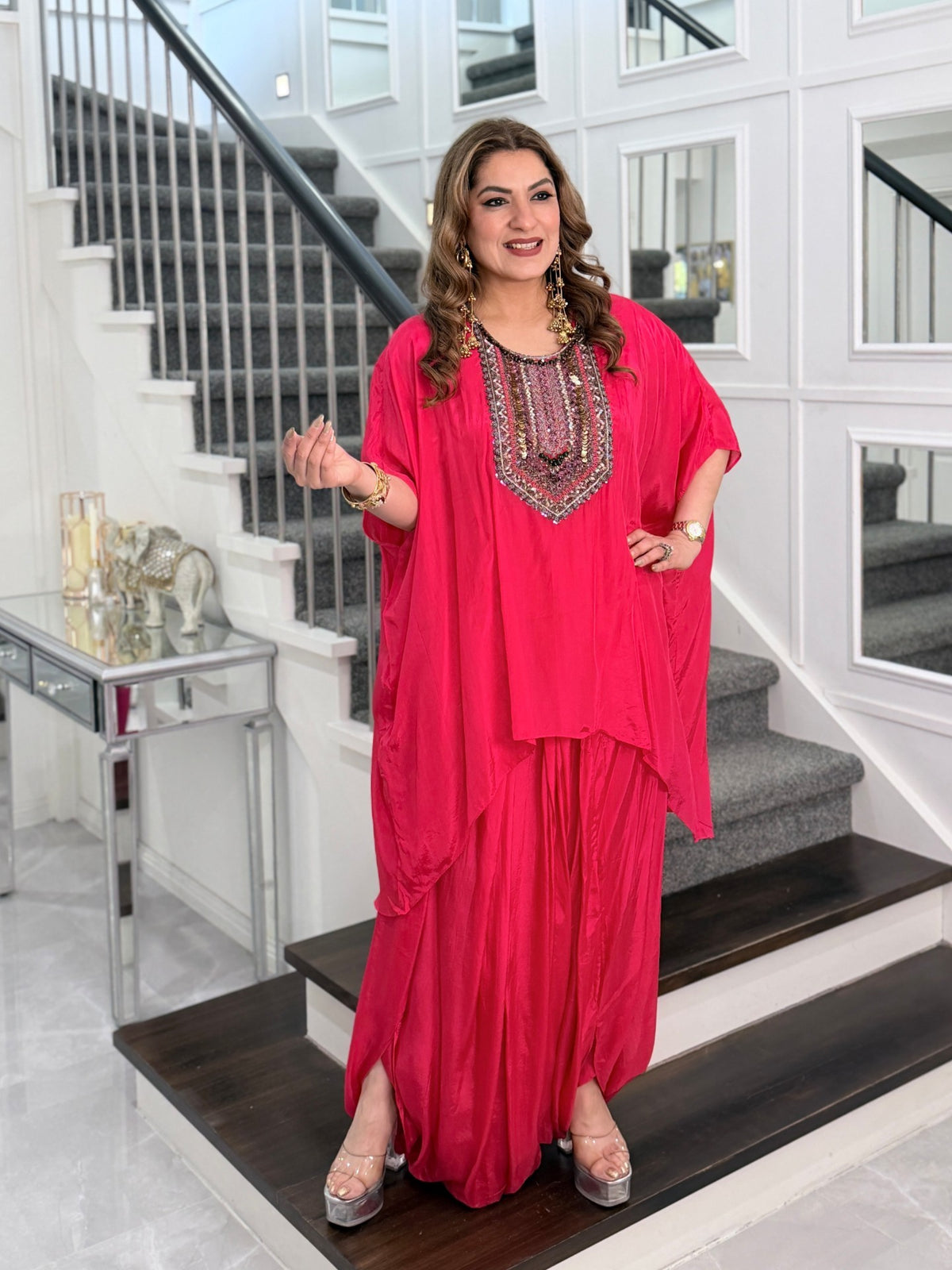 Indo-Western Wear - Hot Pink Silk Kaftan Dhoti Set with Beaded Embroidered Yoke by Panache by Divya - product image 1