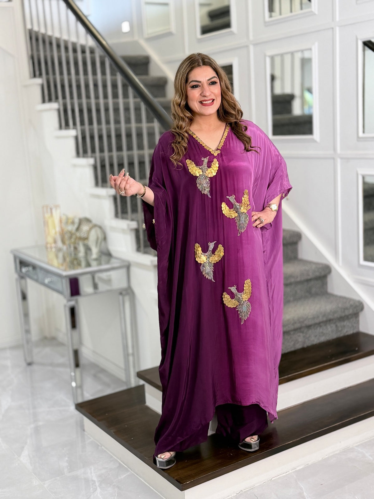 Plum Bird Motif Coin Sequin Kaftan Co-ord Set by Panache by Divya - product image 1