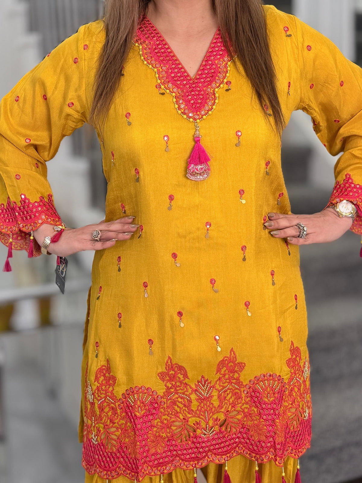 Salwar Kameez - Mustard Pink Cutwork Embroidered Tassel Salwar Suit by Panache by Divya - product image 2