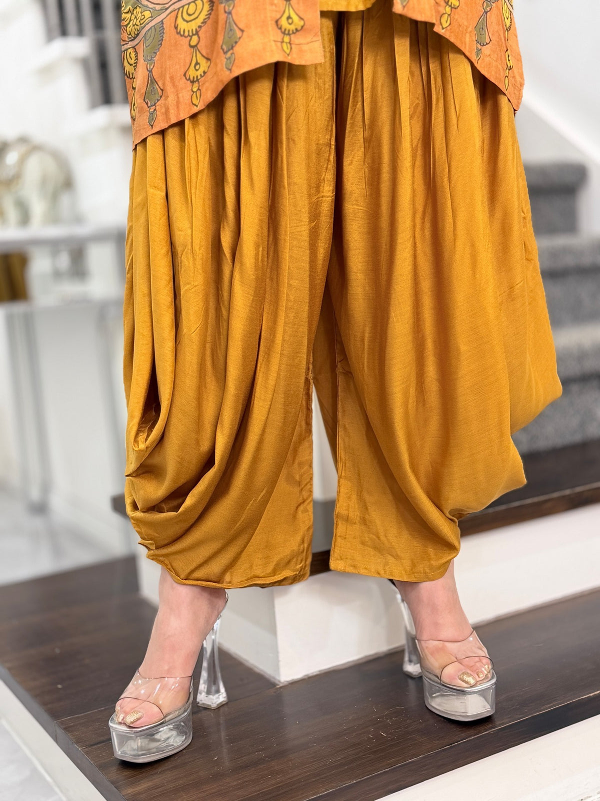 Mustard Kalamkari Mirror Work Jacket Dhoti Co-ord Set by Panache by Divya - product image 8