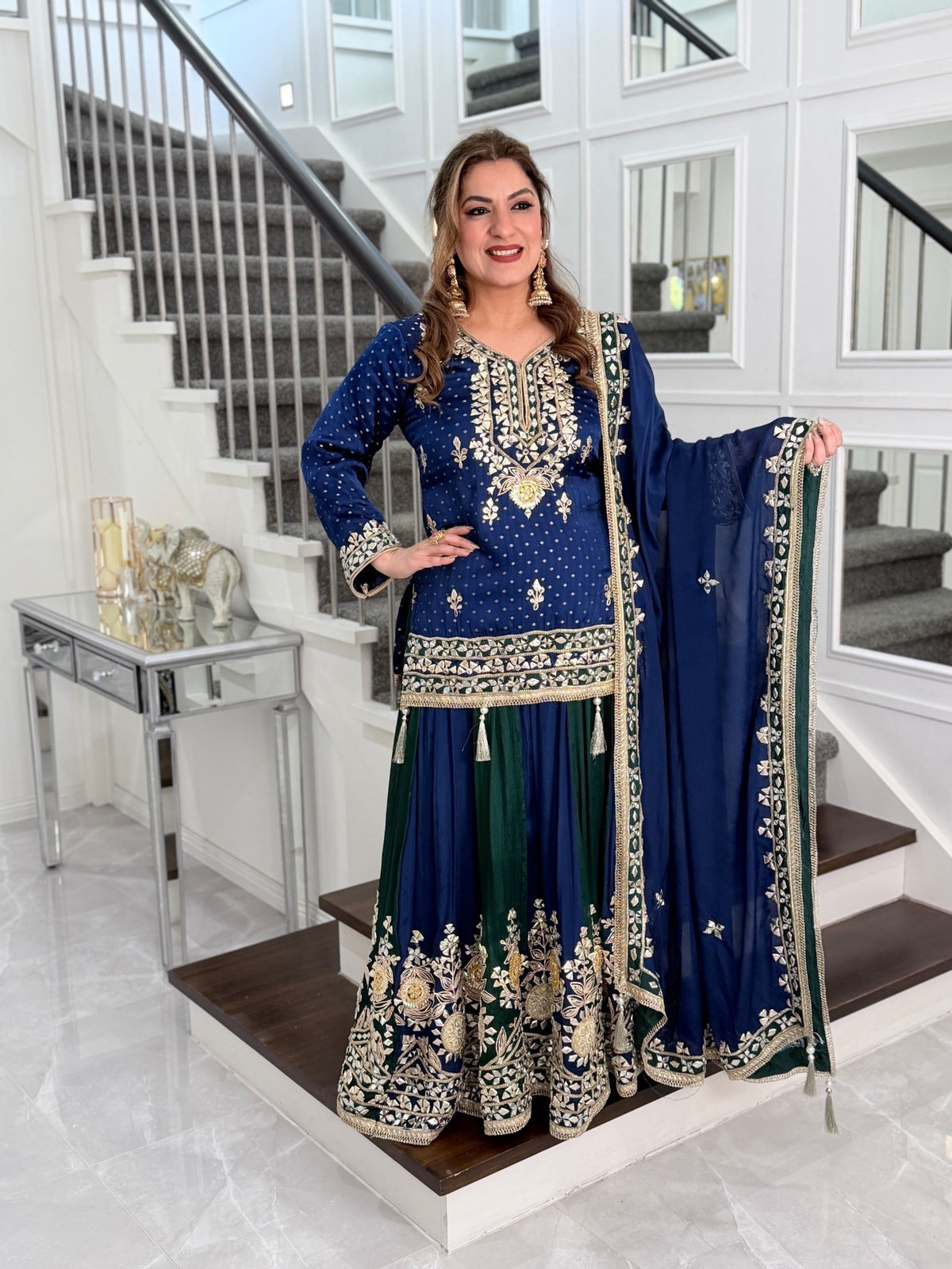 Salwar Kameez - Navy Blue Green Gota Patti Kurta Sharara Suit with Dupatta by Panache by Divya - product image 1