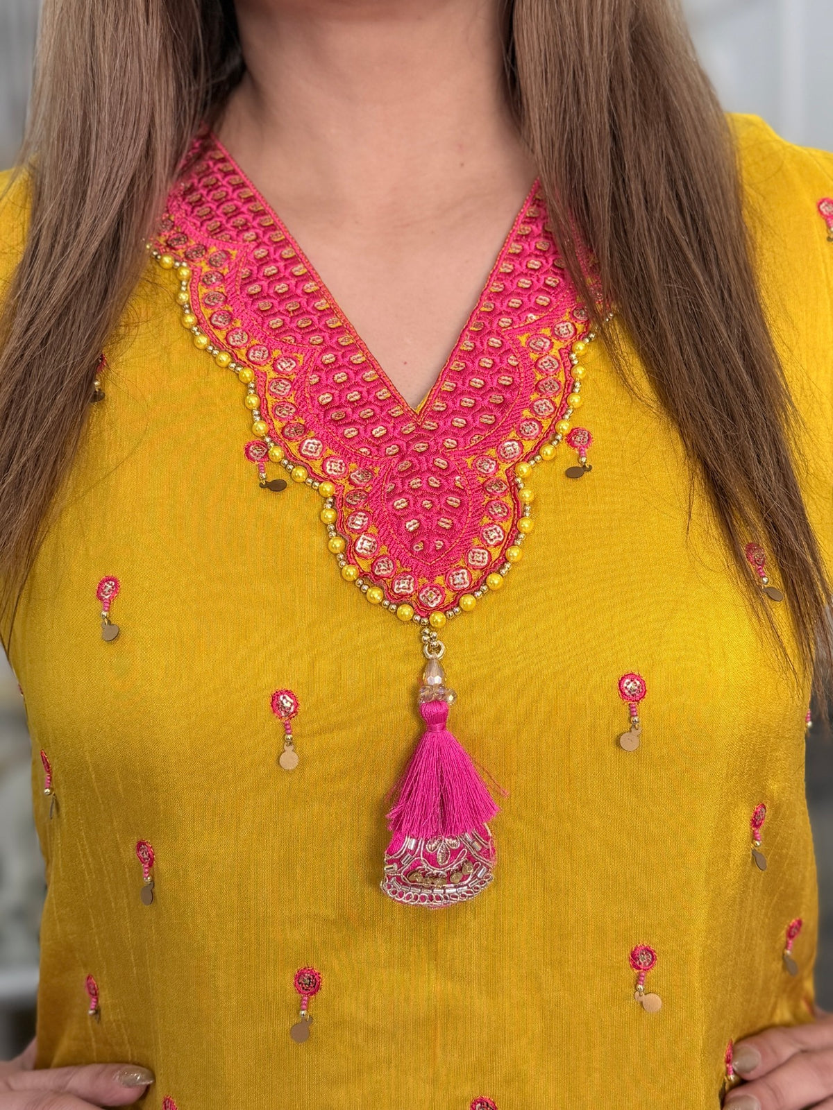 Salwar Kameez - Mustard Pink Cutwork Embroidered Tassel Salwar Suit by Panache by Divya - product image 4