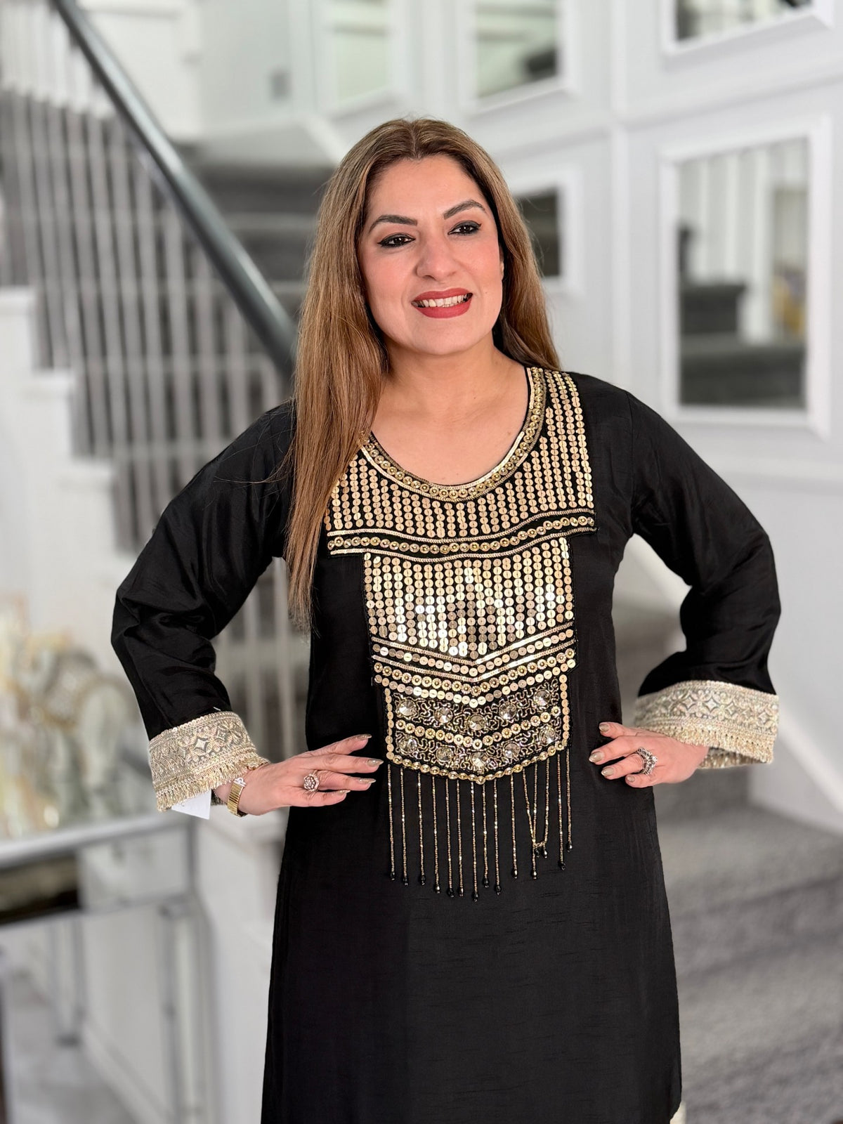 Black Gold Sequin Yoke Fringe Co-ord Set by Panache by Divya - product image 2