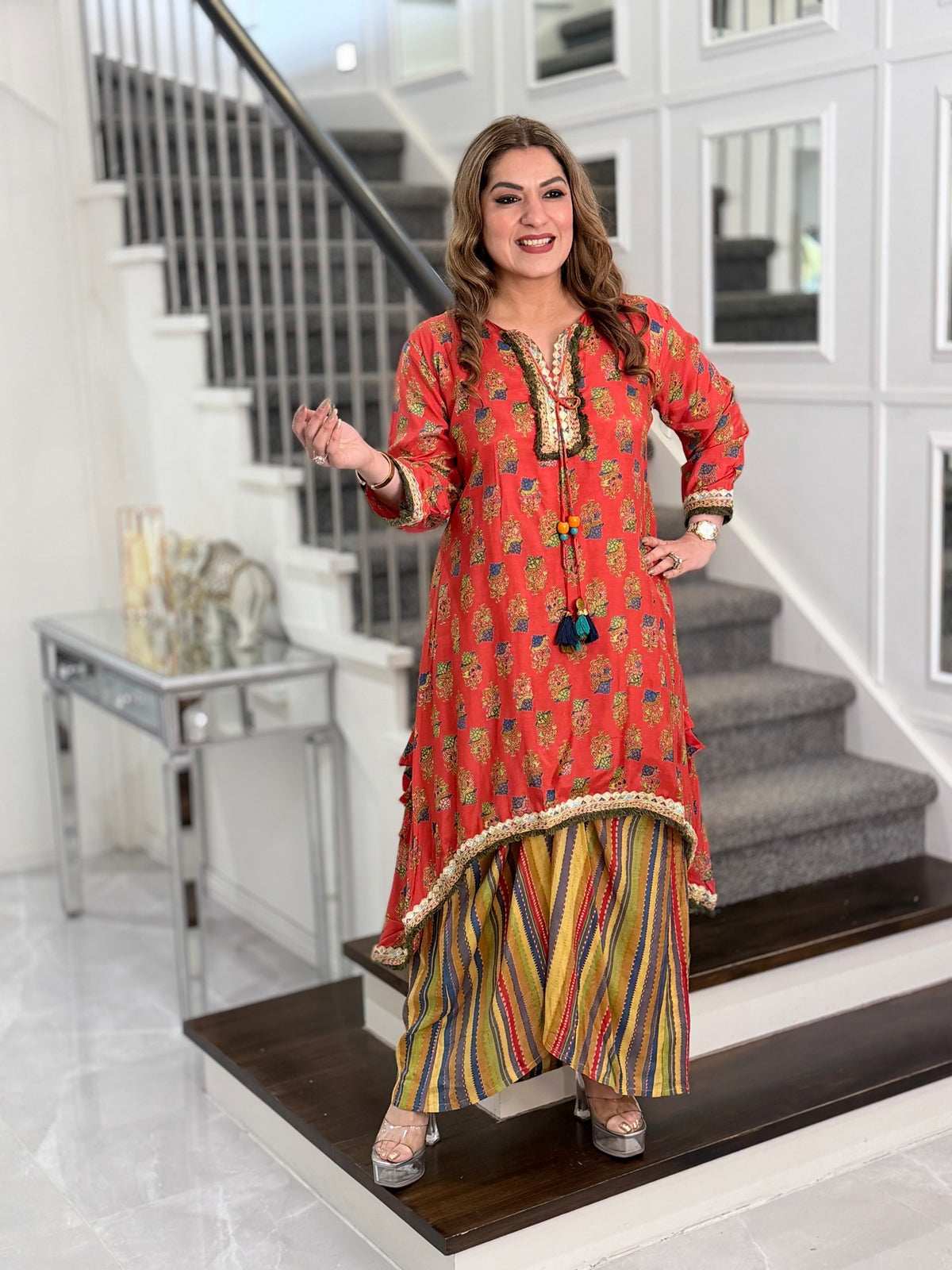 Coral Block Print Tassel Kurta with Striped Dhoti Co-ord Set by Panache by Divya - product image 1