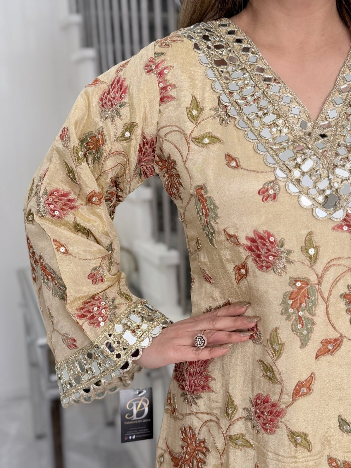 Beige Floral Embroidered Mirror Work Kurta Co-ord Set with Potli by Panache by Divya - product image 5