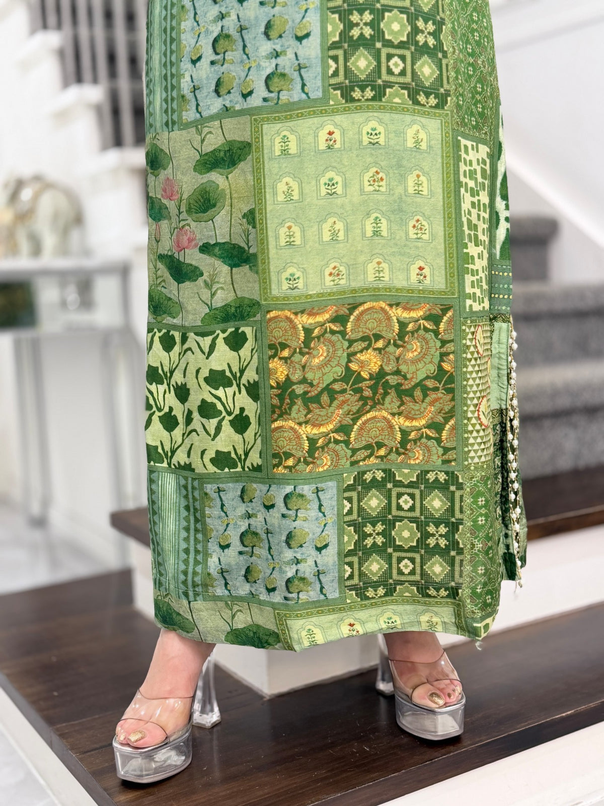 Green Patchwork Print Mirror Work Kaftan Co-ord Set with Potli by Panache by Divya - product image 5