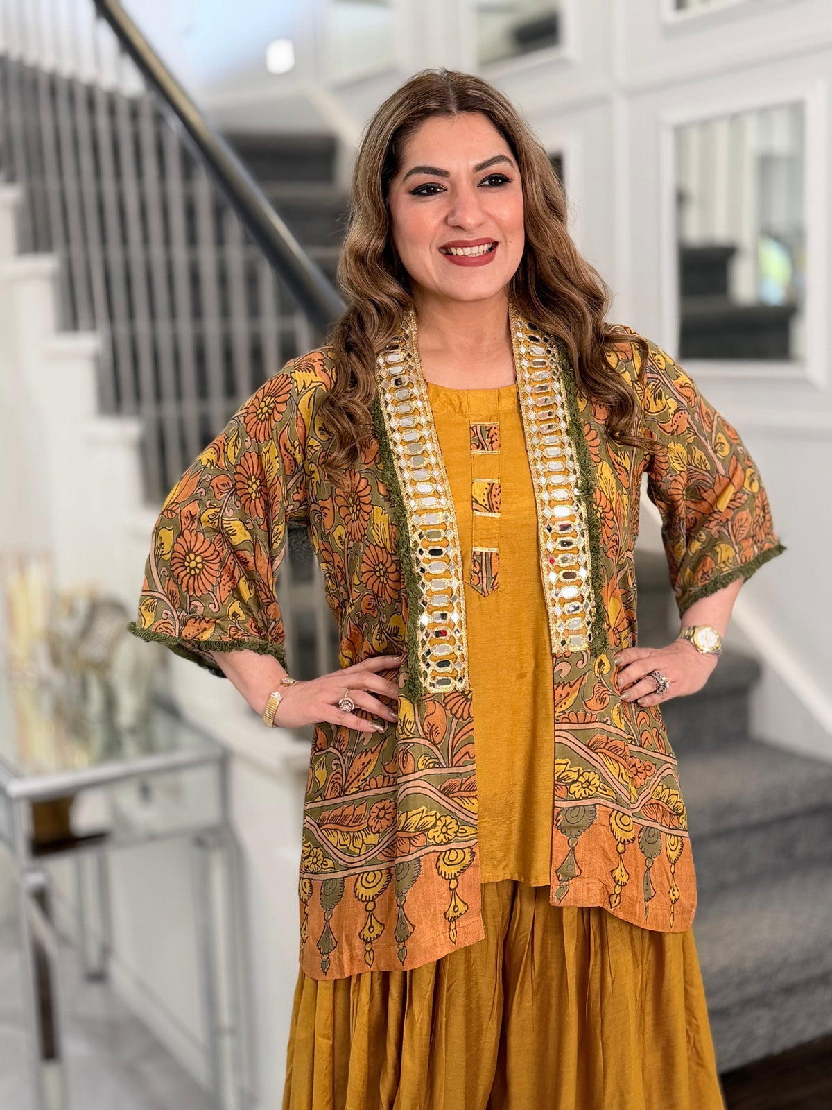 Mustard Kalamkari Mirror Work Jacket Dhoti Co-ord Set by Panache by Divya - product image 3