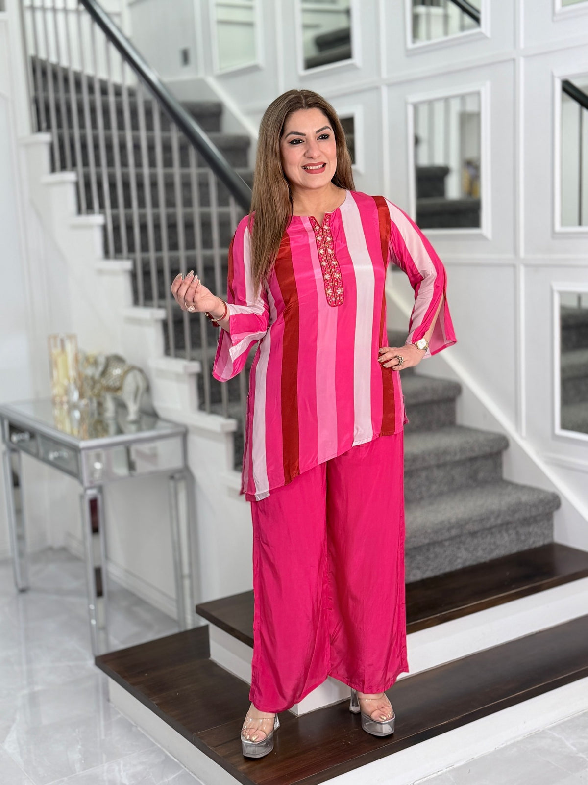 Pink Red Striped Embroidered Placket Co-ord Set by Panache by Divya - product image 1