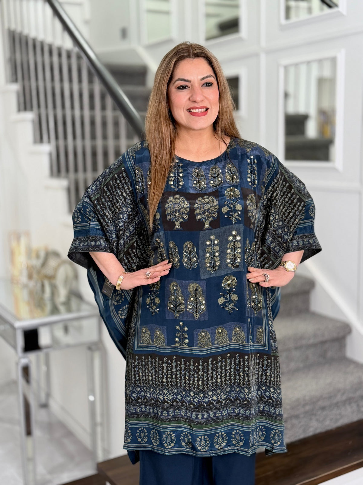 Indigo Block Print Sequin Embellished Kaftan Co-ord Set by Panache by Divya - product image 2