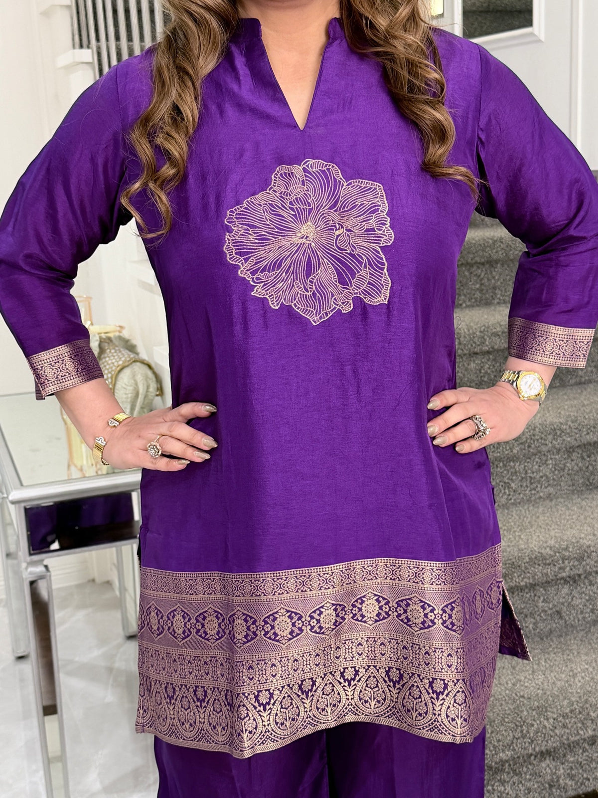 Purple Floral Embroidered Banarasi Border Kurta Co-ord Set by Panache by Divya - product image 4