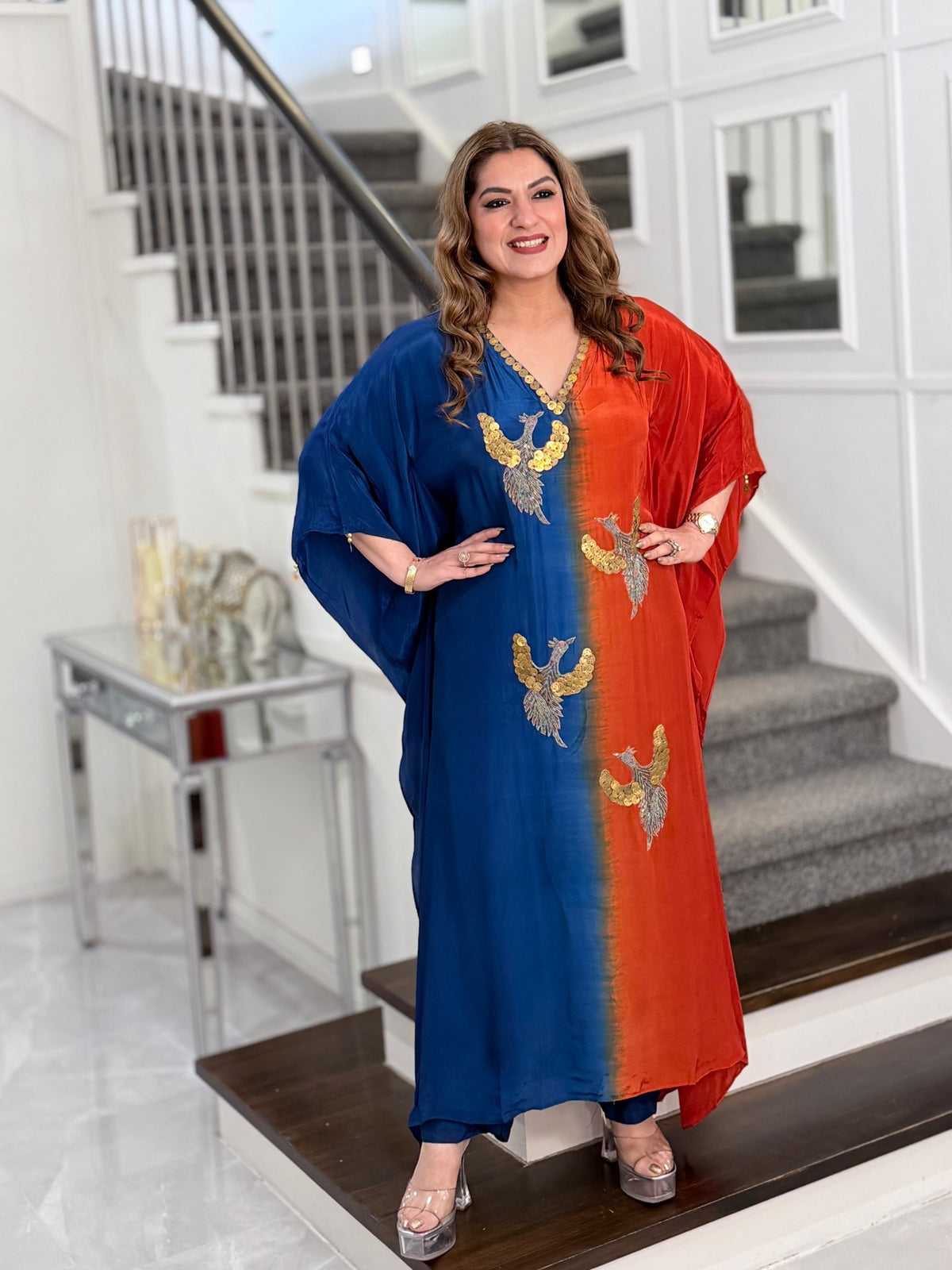 Blue Orange Ombre Bird Motif Coin Sequin Kaftan Co-ord Set by Panache by Divya - product image 2