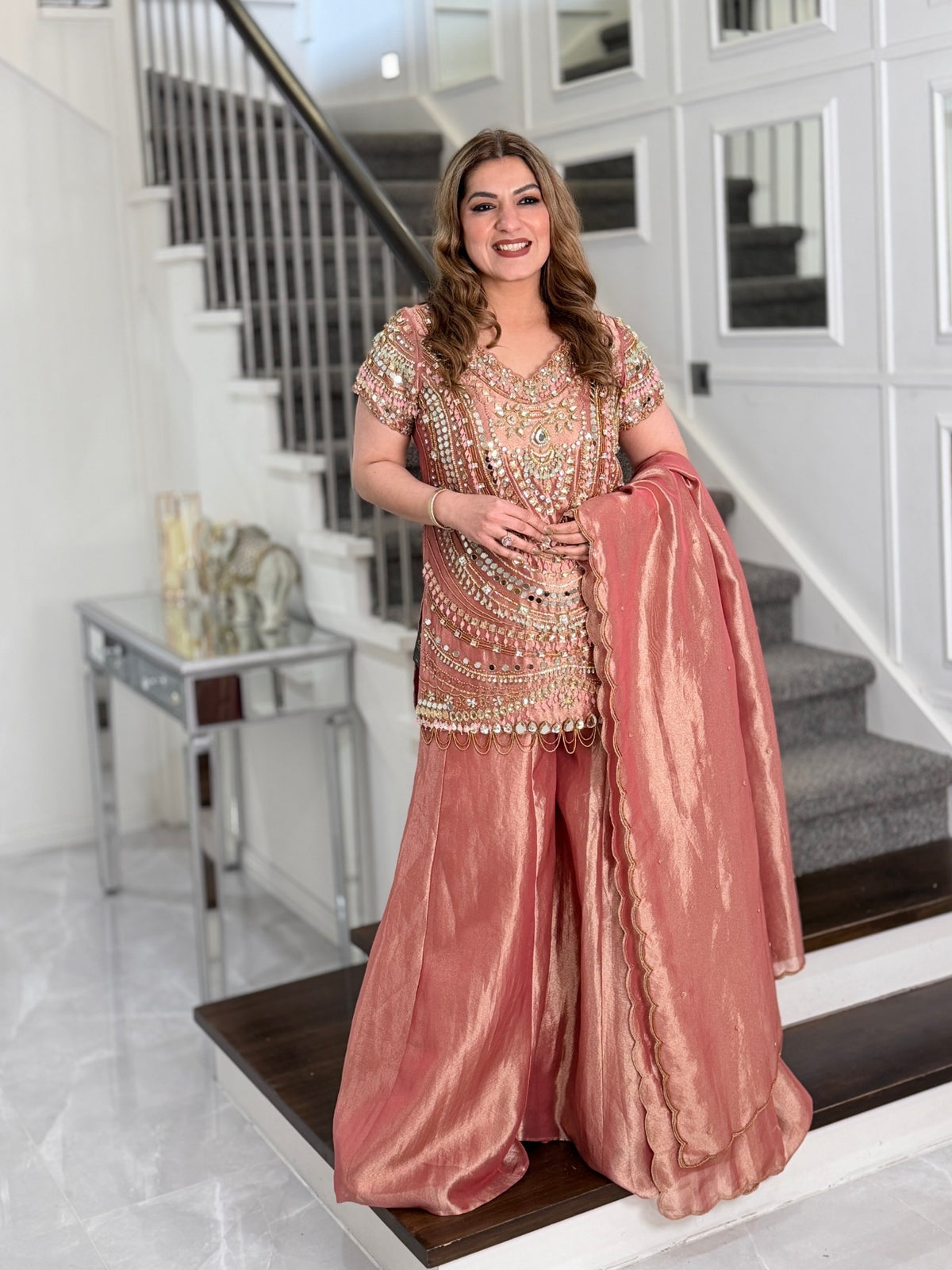 Salwar Kameez - Rose Gold Mirror Work Embellished Kurta Sharara Set with Dupatta by Panache by Divya - product image 2