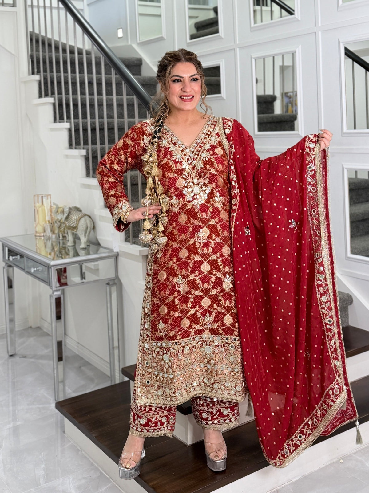 Salwar Kameez - Maroon Red Banarasi Mirror Work Salwar Suit with Dupatta by Panache by Divya - product image 1