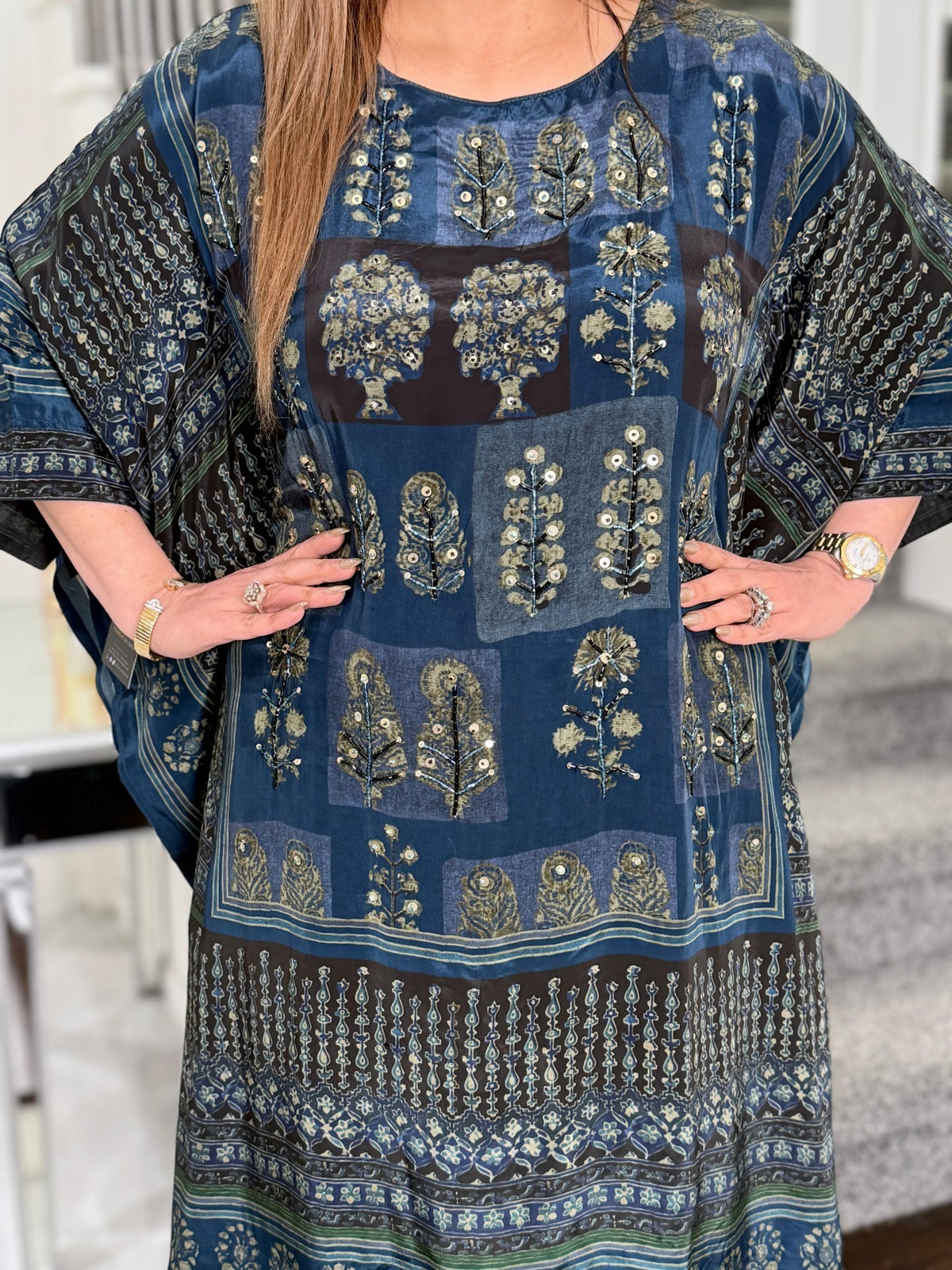 Indigo Block Print Sequin Embellished Kaftan Co-ord Set by Panache by Divya - product image 3