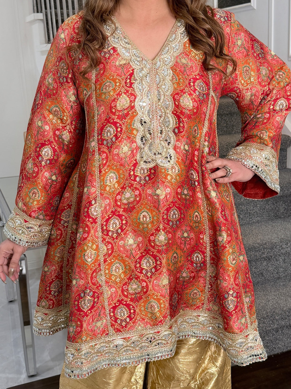 Salwar Kameez - Red Orange Paisley Print Oversized Kurta with Gold Crushed Salwar by Panache by Divya - product image 5