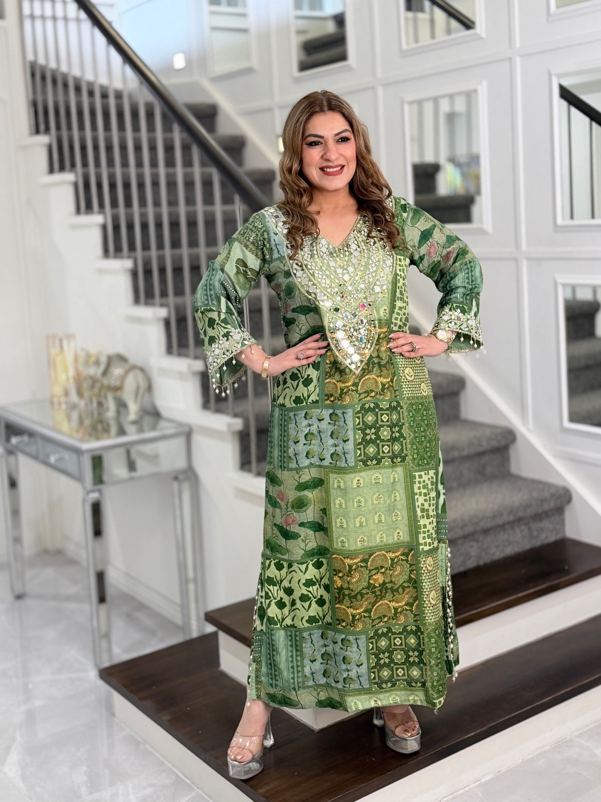Green Patchwork Print Mirror Work Kaftan Co-ord Set with Potli by Panache by Divya - product image 2