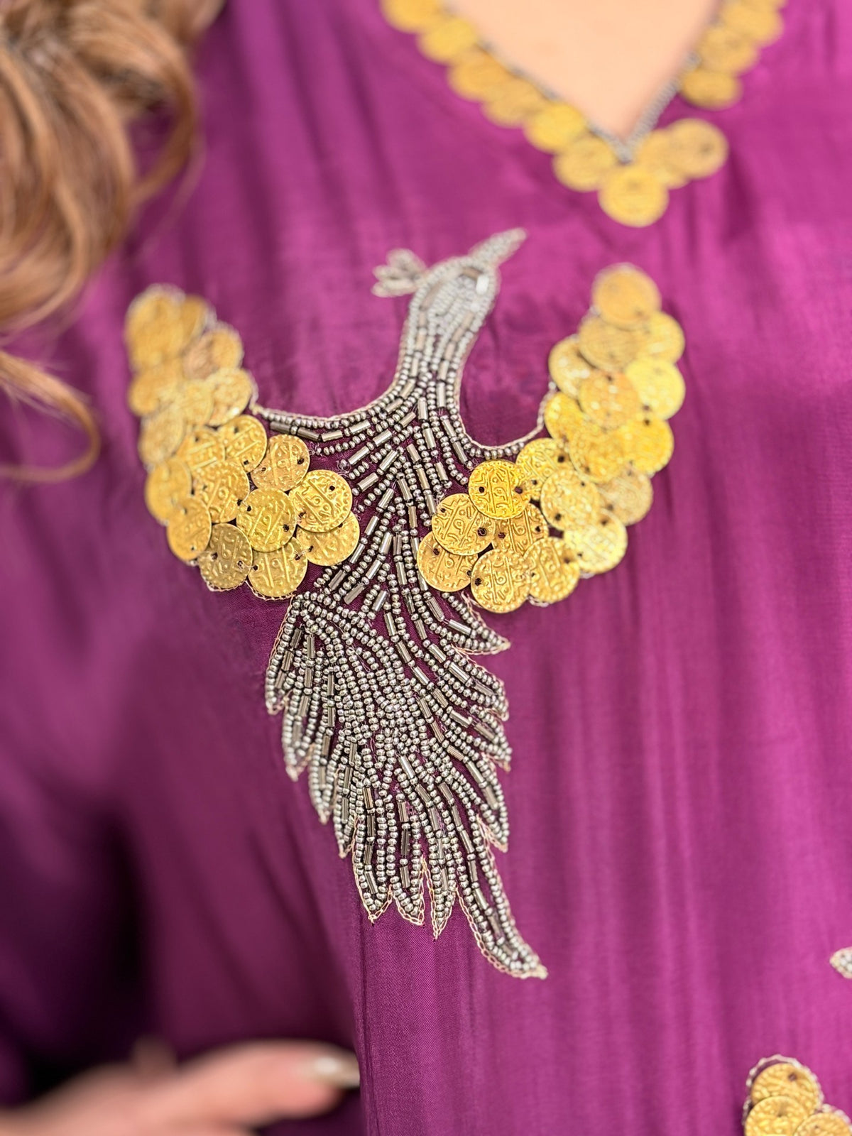 Plum Bird Motif Coin Sequin Kaftan Co-ord Set by Panache by Divya - product image 5