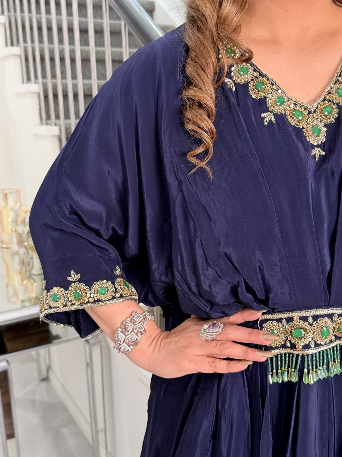 Indo-Western Wear - Navy Blue Silk Kaftan with Emerald Stone Embroidered Neckline and… by Panache by Divya - product image 5