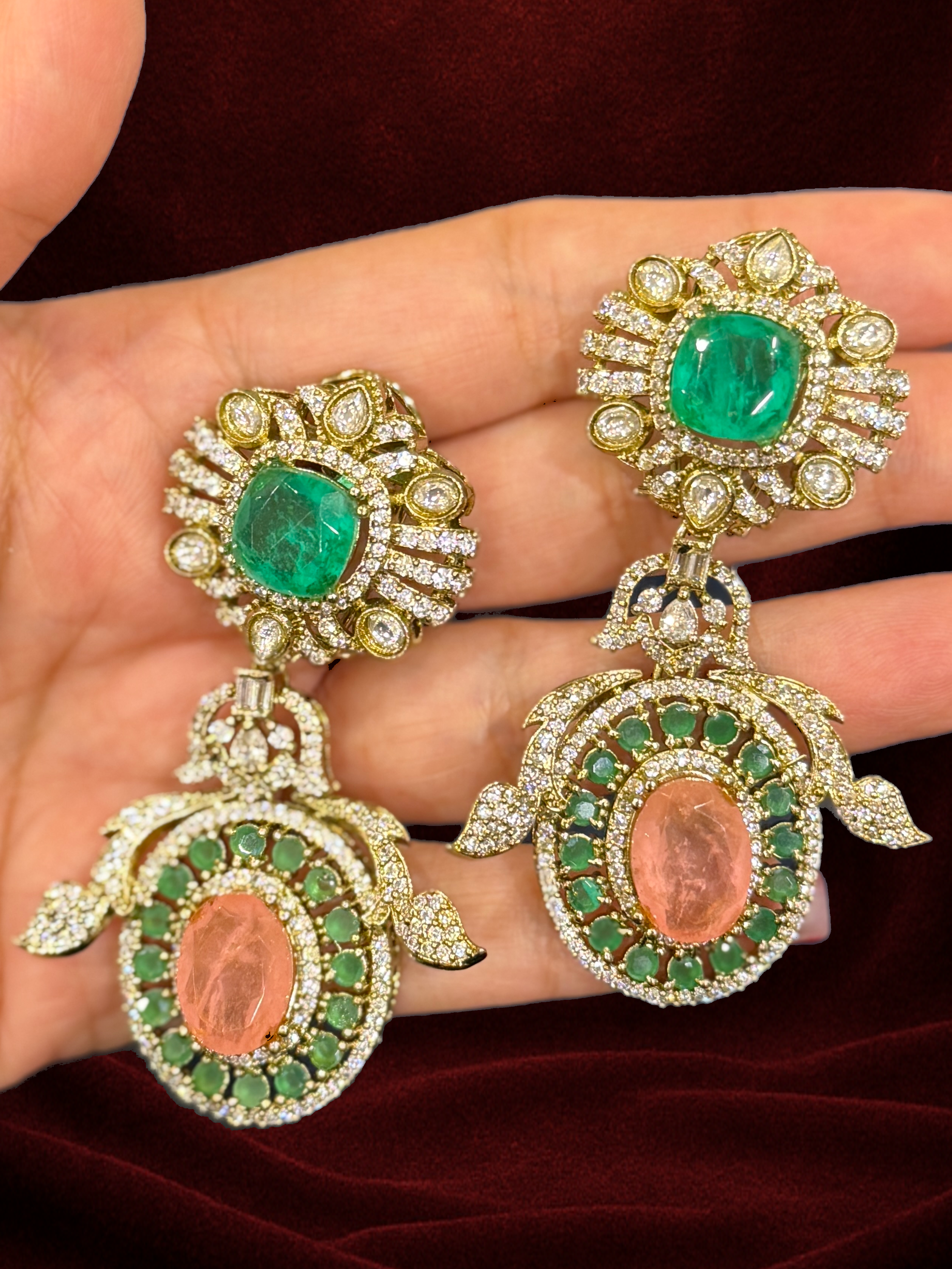 Emerald and Peach Crystal Drop Earrings - Earrings - Western/ Indo Western