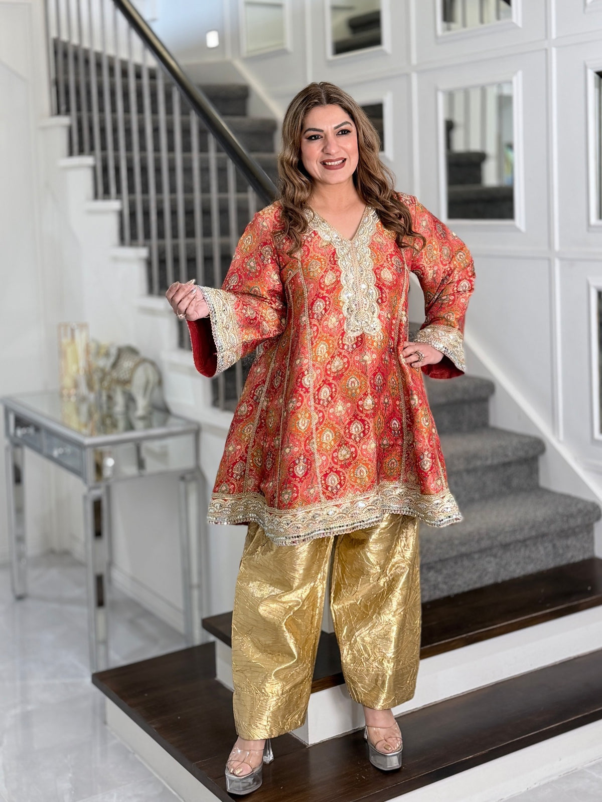 Salwar Kameez - Red Orange Paisley Print Oversized Kurta with Gold Crushed Salwar by Panache by Divya - product image 2