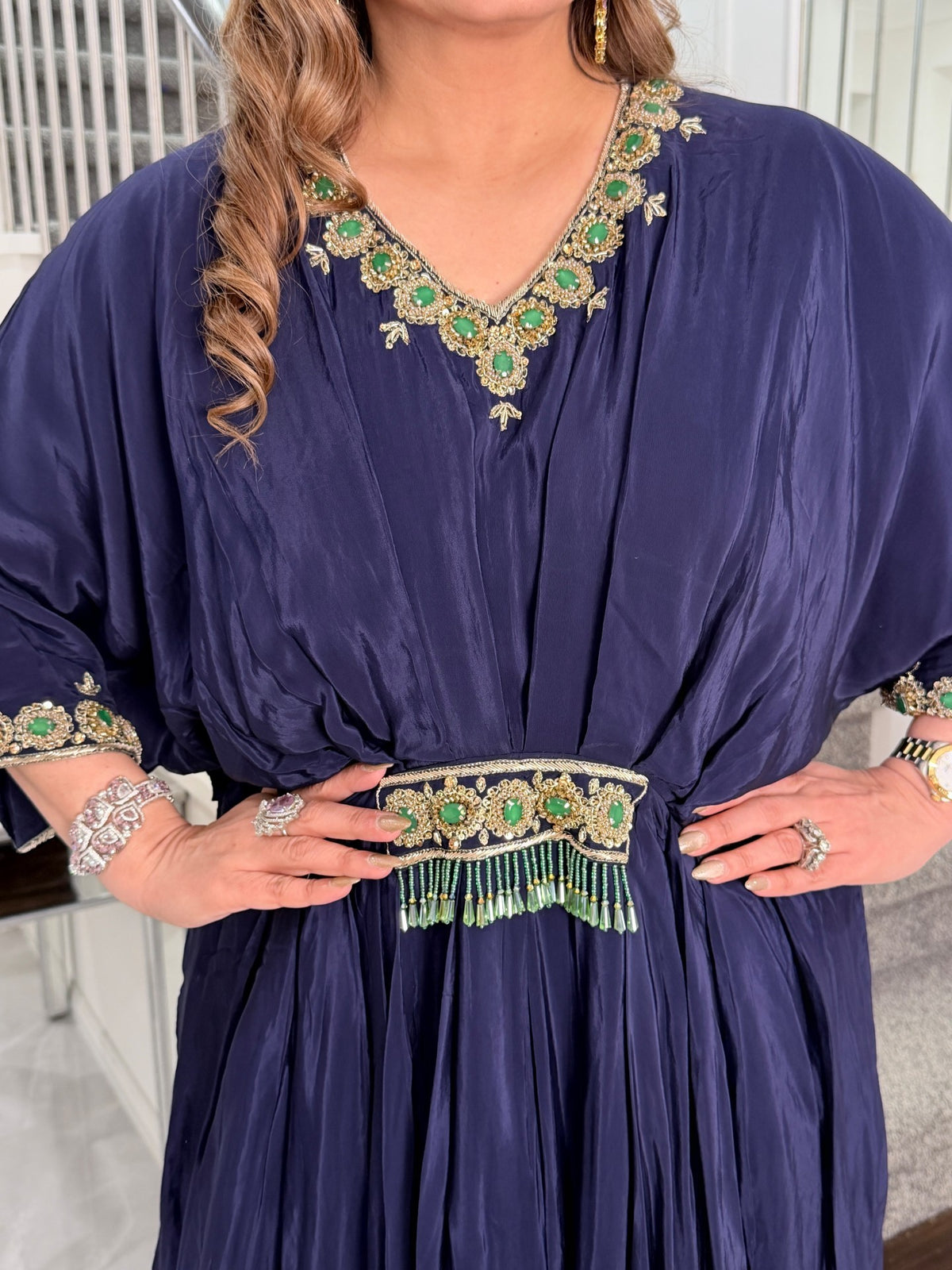 Indo-Western Wear - Navy Blue Silk Kaftan with Emerald Stone Embroidered Neckline and… by Panache by Divya - product image 4