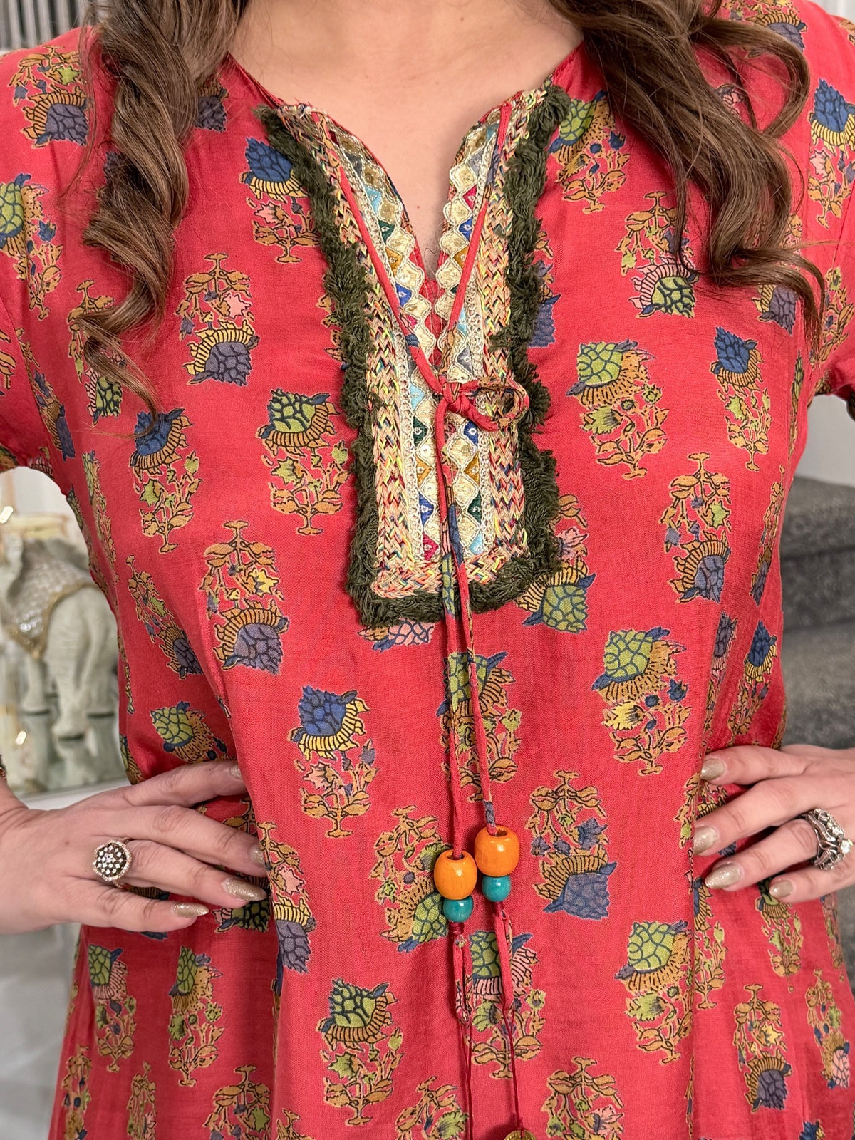 Coral Block Print Tassel Kurta with Striped Dhoti Co-ord Set by Panache by Divya - product image 4