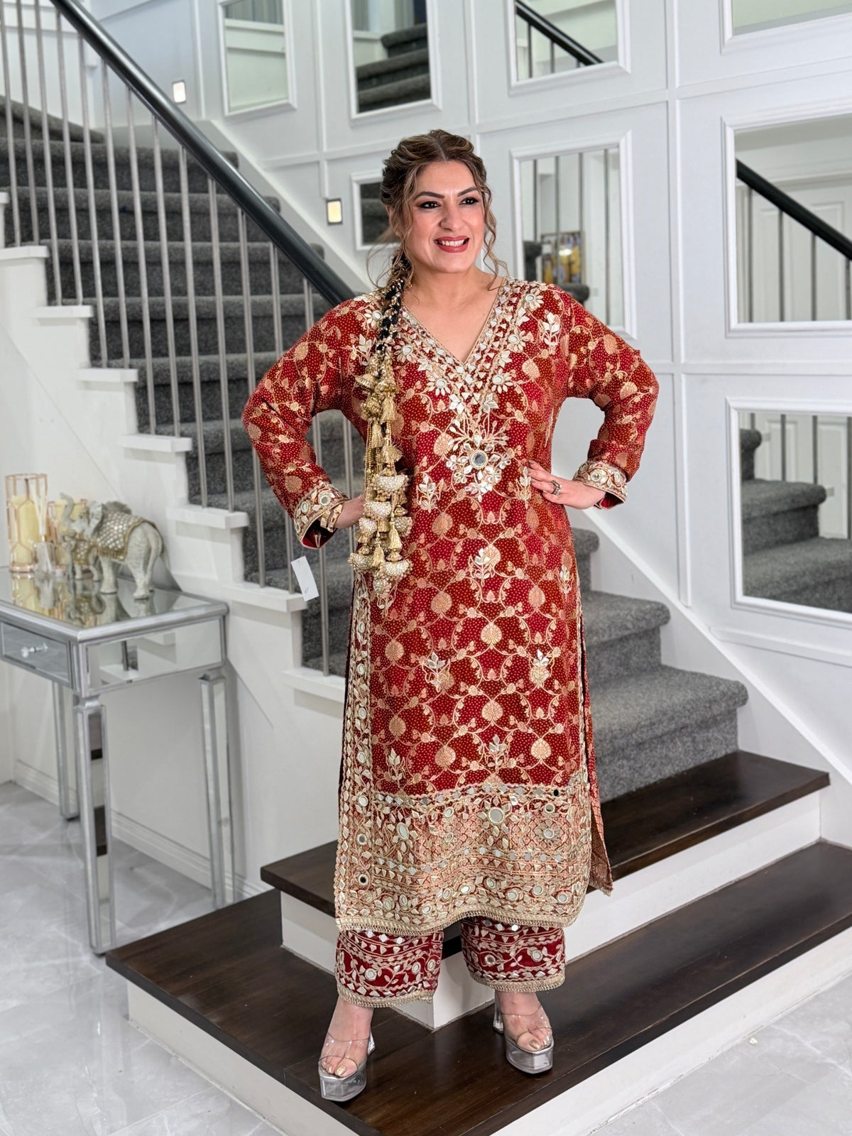 Salwar Kameez - Maroon Red Banarasi Mirror Work Salwar Suit with Dupatta by Panache by Divya - product image 3