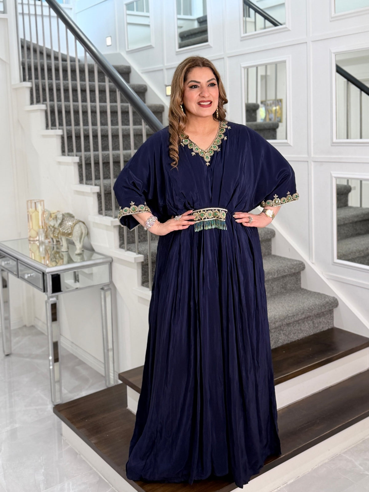 Indo-Western Wear - Navy Blue Silk Kaftan with Emerald Stone Embroidered Neckline and… by Panache by Divya - product image 2