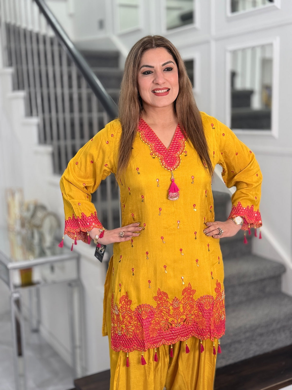 Salwar Kameez - Mustard Pink Cutwork Embroidered Tassel Salwar Suit by Panache by Divya - product image 1