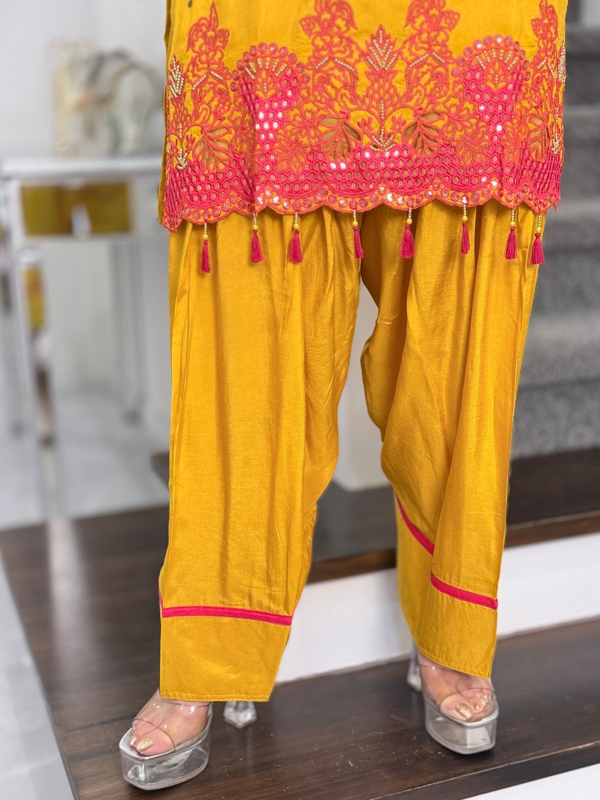 Salwar Kameez - Mustard Pink Cutwork Embroidered Tassel Salwar Suit by Panache by Divya - product image 6